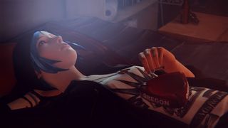 Chloe from Life is Strange is lay on the floor looking at the ceiling, with sun beaming on her from a nearby window.