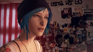 Chloe from Life is Strange stands in her bedroom looking at someone off screen with an anxious look on her face.